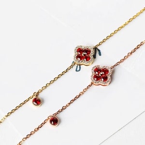 18k Solid Gold Four Leaf Clover Bracelet Ruby Stones/ Natural Ruby Bracelet