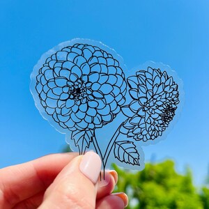 Black Dahlia Clear Vinyl Sticker for Water Bottle, Dishwasher Safe and Waterproof, Modern Line Drawing, Clear Vinyl Flower Sticker Decal