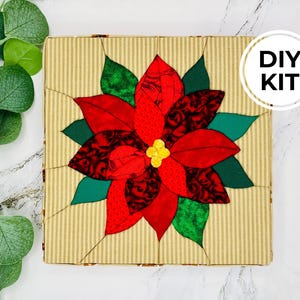 Poinsettia Kinusaiga Beginners Kit, No Sew Quilting, Fabric Art Kit, Craft Kit for Beginners, Kid Friendly Party Craft, Christmas Craft