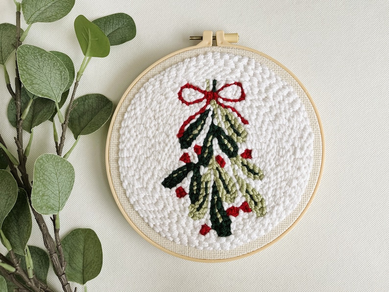 Finished Mistletoe Punch Needle Décor for Christmas Holiday. Shown in neutral no-slip hoop.