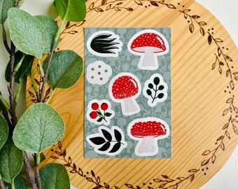 Mushroom Foliage Sticker Sheet for Water Bottle, Waterproof Vinyl Stickers, Amanita Muscaria, Fungi, Red White Mushroom and Flowers Sticker