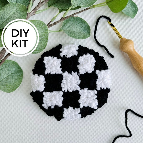 Black and White Checkered Punch Needle Mug Rug Kit, Beginner Yarn Rug Hooking DIY, Do it yourself Craft, Mindful Hand Habit, Coaster Craft