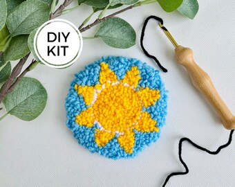 Yellow Sunshine Punch Needle Mug Rug Kit, Beginner Yarn Rug Hooking DIY, Do it yourself Craft, Mindful Hand Habit, Yellow Blue Coaster Craft