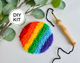 Bright Rainbow Punch Needle Mug Rug Kit, Beginner Yarn Rug Hooking DIY, Do it yourself Craft, Mindful Hand Habit, Striped Coaster Craft