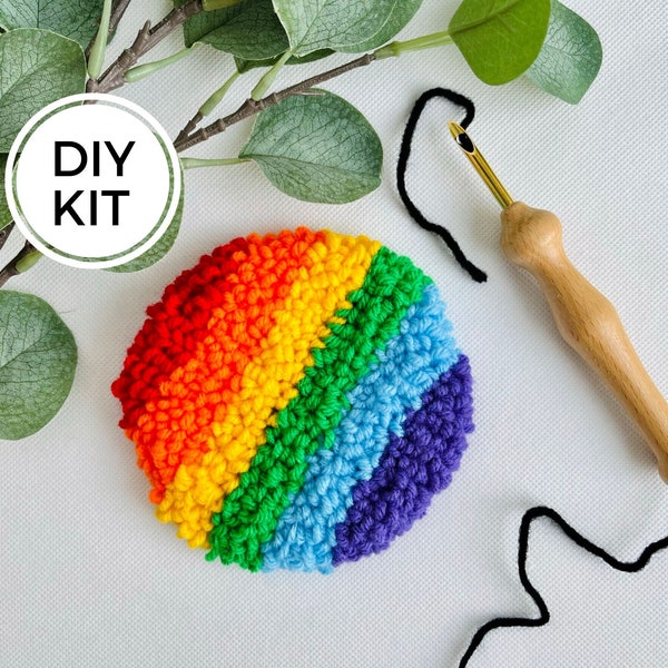 Bright Rainbow Punch Needle Mug Rug Kit, Beginner Yarn Rug Hooking DIY, Do it yourself Craft, Mindful Hand Habit, Striped Coaster Craft