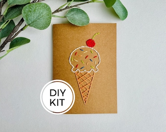 Ice Cream Cone Hand Stitched Greeting Card Kit, Embroidered Sprinkles, DIY Embroidery Kit, Beginners Sewing Set, Kids Stitching Project