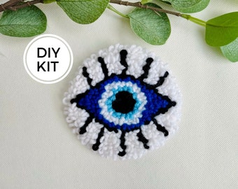 Blue Evil Eye Punch Needle Mug Rug Kit, Beginner Yarn Rug Hooking DIY, Do it yourself Craft, Mindful Hand Habit, Cute Eye Project