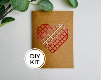 Heart Hand Stitched Greeting Card Kit, Embroidered Valentine Love, DIY Embroidery Kit, Beginners Sewing Set, Kids Stitching Project