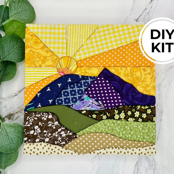 Mountain Sunset Kinusaiga nybörjarkit, quiltning utan sömnad, tygkonstkit, pysselkit för nybörjare, barnvänligt festpyssel, stresslindring