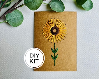 Sunflower Hand Stitched Greeting Card Kit, Embroidered Sunflower, DIY Embroidery Kit, Beginners Sewing Set, Kids Stitching Project
