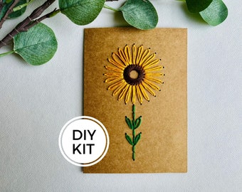 Sunflower Hand Stitched Greeting Card Kit, Embroidered Sunflower, DIY Embroidery Kit, Beginners Sewing Set, Kids Stitching Project