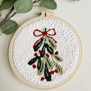 Finished Mistletoe Punch Needle Décor for Christmas Holiday. Shown in neutral no-slip hoop.