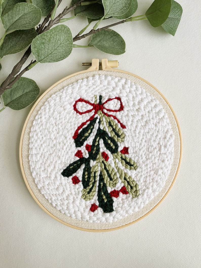 Finished Mistletoe Punch Needle Décor for Christmas Holiday. Shown in neutral no-slip hoop.