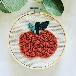 May include: A close-up of a hand-stitched embroidery hoop featuring a red apple with green leaves. The apple is made with a fluffy yarn texture.