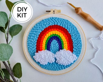 Bright Rainbow Punch Needle Kit, Kids Beginner Rug Hooking DIY, Yarn Craft, Mindful Hand Habit, Handmade Gift and Décor,