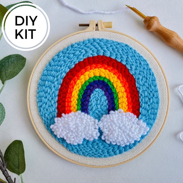 Bright Rainbow Punch Needle Kit, Kids Beginner Rug Hooking DIY, Yarn Craft, Mindful Hand Habit, Handmade Gift and Décor,