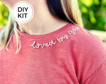 Beginner Embroidery Collar Pattern, Stick and Stitch Words, Hand Embroidered Sweatshirt Collar, Lettering Embroidery Pattern for Clothes KIT