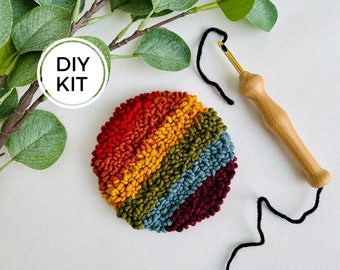 Muted Rainbow Punch Needle Mug Rug Kit, Beginner Yarn Rug Hooking DIY, Do it yourself Craft, Mindful Hand Habit, Striped Coaster Craft