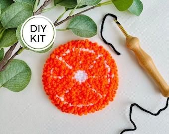 Orange Slice Punch Needle Mug Rug Kit, Beginner Yarn Rug Hooking DIY, Do it yourself Craft, Mindful Hand Habit, Citrus Coaster Craft