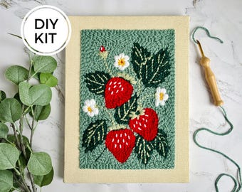 Strawberry Plant Punch Needle Kit, Rug Hooking DIY, Red Embroidery Yarn Craft, Mindful Hand Habit, Handmade Kitchen Décor, Fiber Art Project