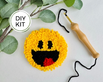 Yellow Happy Face Punch Needle Mug Rug Kit, Beginner Yarn Rug Hooking DIY, Do it yourself Craft, Mindful Hand Habit, Happy Coaster Craft