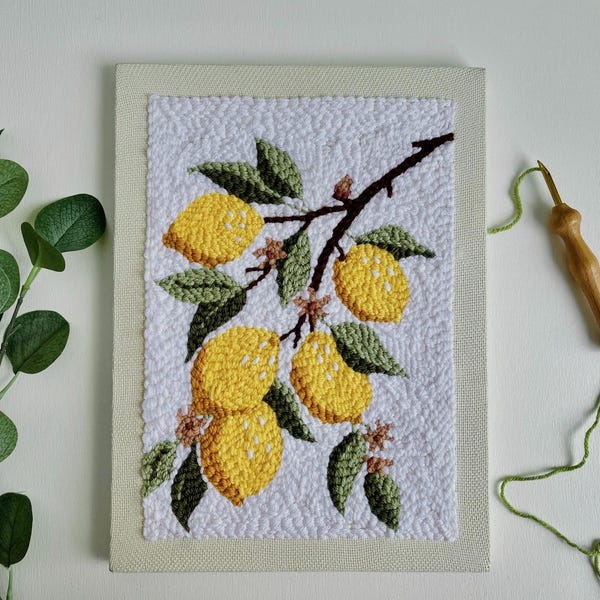 Lemon Tree Punch Needle Kit, Rug Hooking DIY, Yellow Embroidery Yarn Craft, Mindful Hand Habit, Handmade Kitchen Décor, Fiber Art Project
