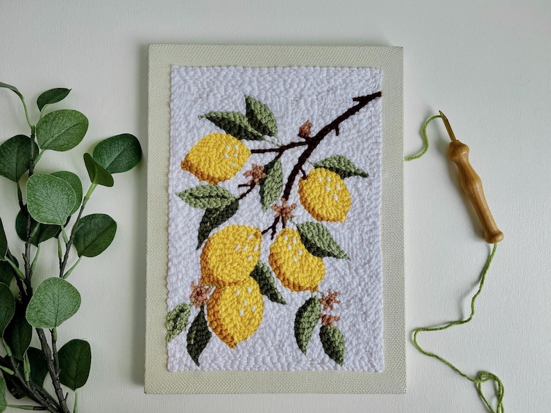 Lemon Tree Punch Needle Kit, Rug Hooking DIY, Yellow Embroidery Yarn Craft, Mindful Hand Habit, Handmade Kitchen Décor, Fiber Art Project image 1