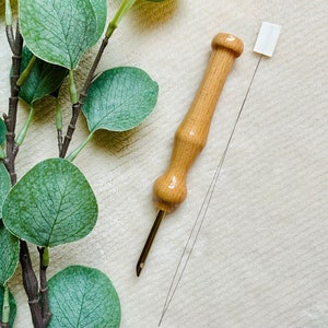 Yarn sized wood handle punch needle tool with threader, add on item.