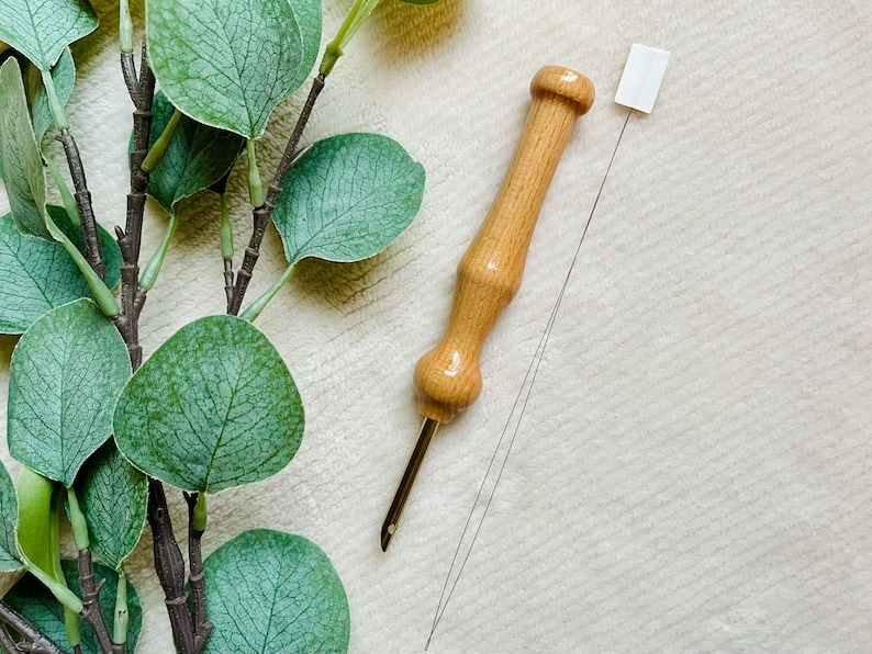 Yarn sized wood handle punch needle tool with threader, add on item.