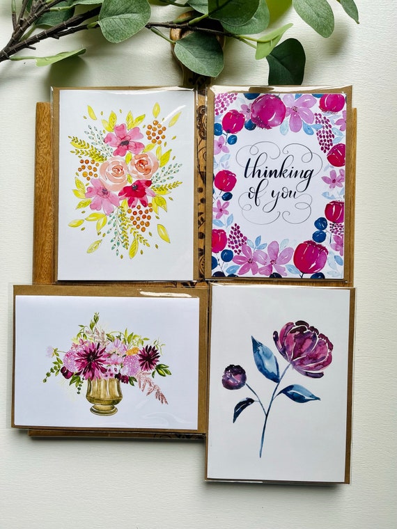 Watercolor Greeting Card Set of 4, 5x7 Blank Card, Thinking of You Card,  Pen Pal Gift, Multiple Pack, Gift for Writer, Watercolor Prints 