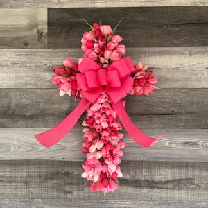 Hot Pink Cross Wreath for Front Door, Easter Cross, Door Hanger, Spring Tulip Wreath, Christian Decor, Resurrection, Gift for Mom, Gift