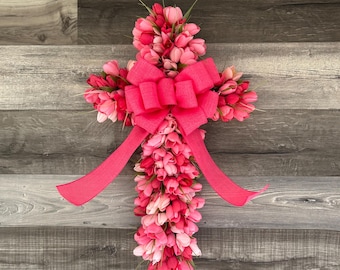 Cross Tulip Wreath for Front Door Decor, Easter Decor Cross, Door Hanger, Spring Tulip Wreath, Christian Decor, Gift for Mom, Gift
