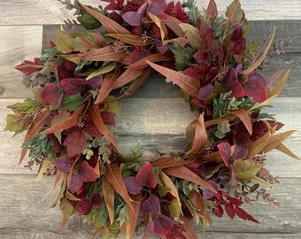Fall Eucalyptus Grapevine Wreath for front door, Fall Burgundy Wreath, Fall Farmhouse Wreath, Fall Cottagecore Wreath, Gift for mom, Gift