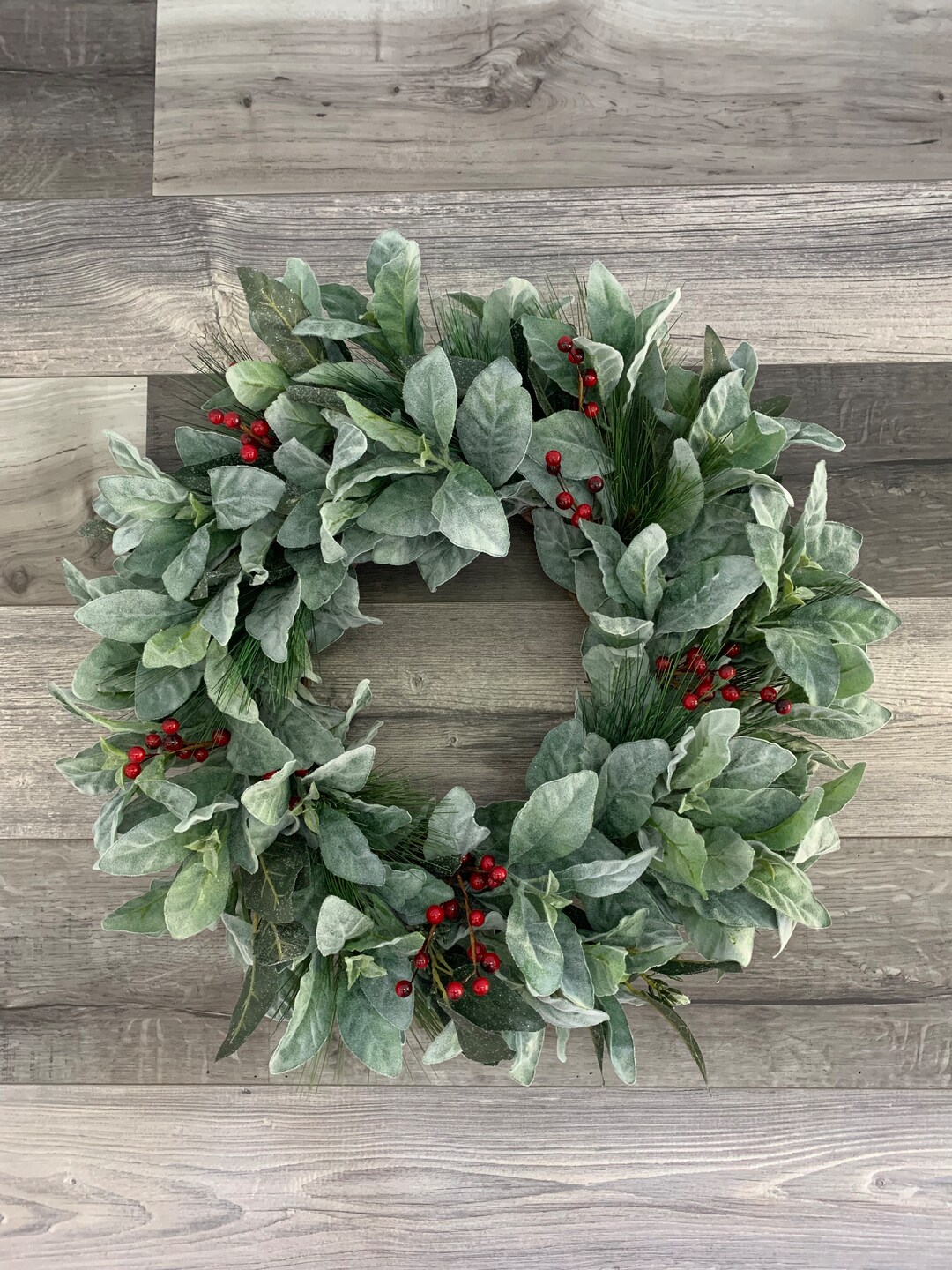 Lamb's Ear Winter Wreath With Pine and Red Berries Wreath, Grapevine
