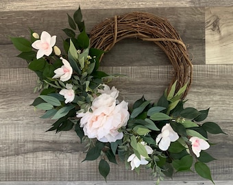 Pink Peony Grapevine Wreath for Front Door, Farmhouse Wreath, Spring Wreath, Summer Wreath, Gift for mom, Mother's Day gift, gift