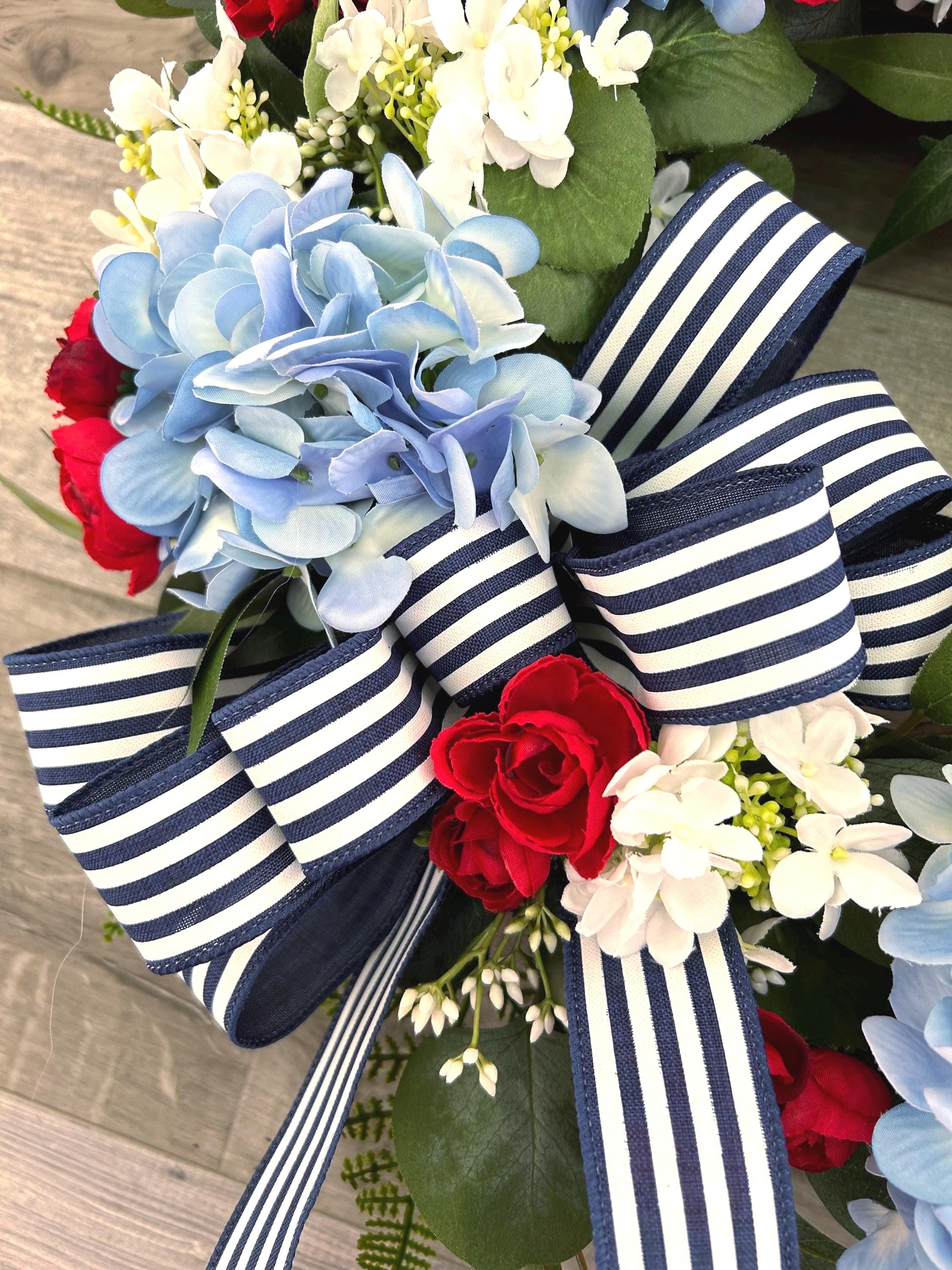 Red White and Blue Patriotic Hydrangea With Bow Grapevine Wreath for ...