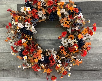 Fall Wildflower Grapevine Wreath for Front Door, Fall Decor, Farmhouse, Autumn Wreath, Cottagecore, Wildflower Wreath, Gift for Mom, Gift