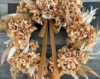 Fall Hydrangea Grapevine Wreath for Front Door, Neutral Fall Wreath, Faux Dried Hydrangea Wreath, Fall Home Decor, Gift, Gift for Mom