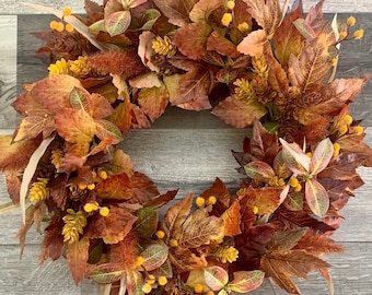Fall Rust Brown and gold Wreath, Fall Leaves Grapevine Wreath for Front Door, Thanksgiving Wreath, Autumn Wreath, Gift