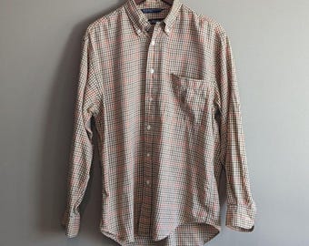 Vintage Nautica Mens M Brown Green Lightweight Flannel Shirt 90s Crest Logo L/S