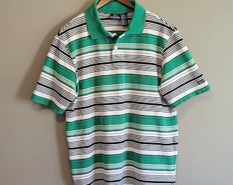 Vintage Bugle Boy Polo Shirt Mens Medium Green White Stripe 90s Retro Mesh Top M
