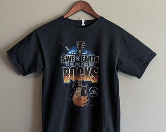 Vintage Rock Hall Save the Earth T-Shirt Mens Small Black Graphic Tee Shirt S