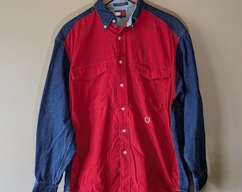 Vintage Tommy Hilfiger Mens Medium 90s Red Corduroy Denim Colorblock Shirt Crest