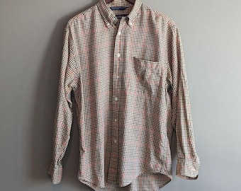 Nautica Size Medium Vintage Shirt Mens Plaid Check Button Up Crest Brown Green
