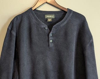 Vintage Eddie Bauer Sweater Mens 2XLT XXL Tall Navy Blue Ribbed Henley Pullover
