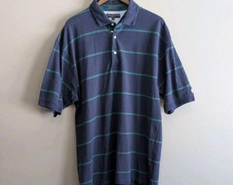 Tommy Hilfiger Golf Mens XL Oversized Vintage Blue Green Striped Mesh Polo Shirt