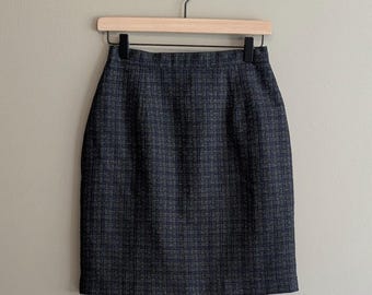 Adolfo Studio Vintage Tweed Plaid Pencil Skirt 6P Petite Blue Tartan Academia