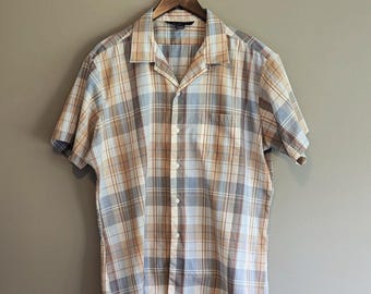 Vintage Par Four Mens XL Shirt Short Sleeve Button Up Brown Plaid 90s Grunge
