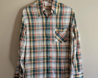 Vintage 70s Wrangler Mens Medium Green Plaid Western Button Up Shirt VTG M