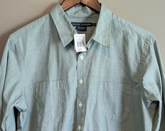 NWT Vintage Ralph Lauren Shirt Womens 14 L Green Chambray Long Sleeve Top Large